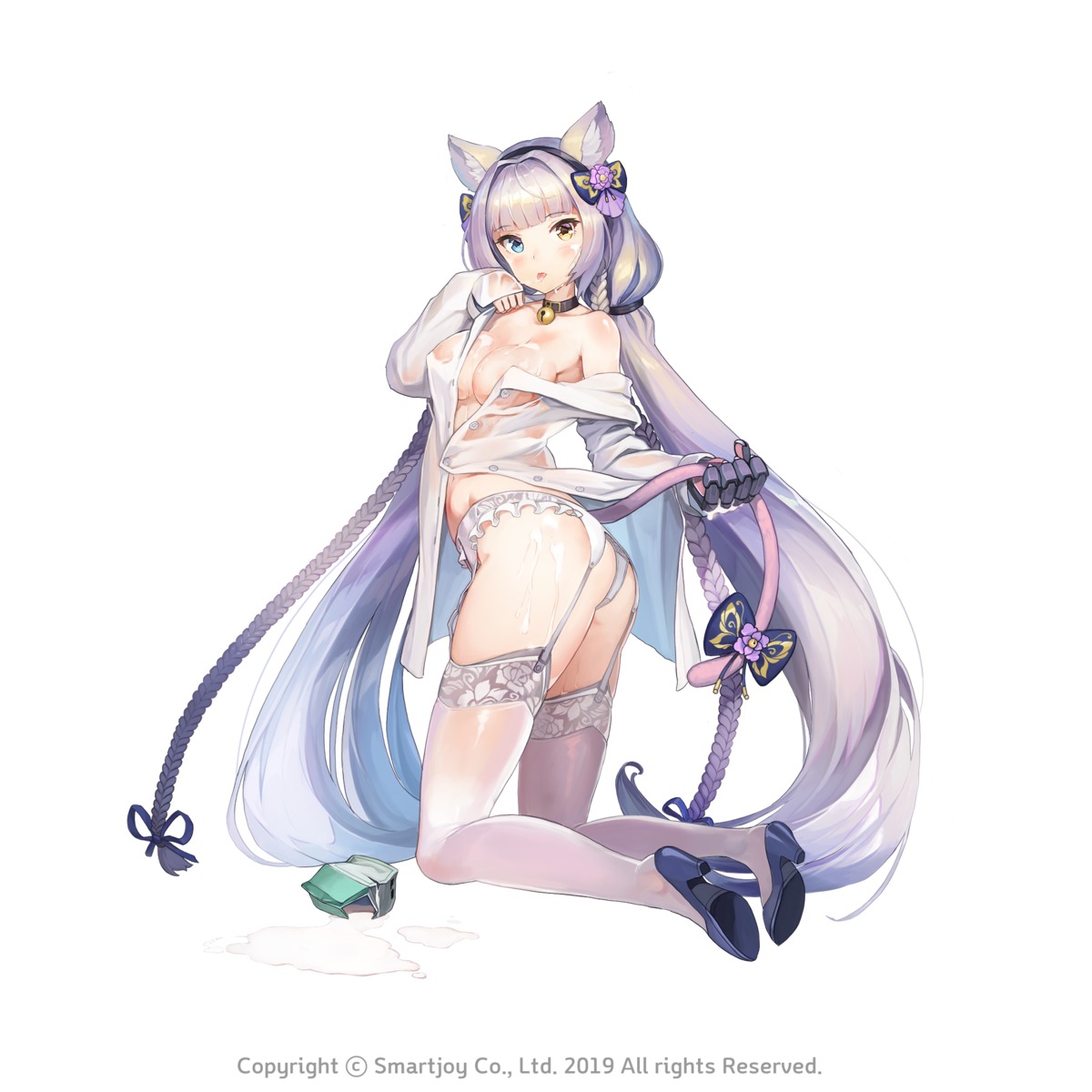 animal_ears ass cs_perrault garter_belt heels last_origin nekomimi no_bra open_shirt paintale pantsu see_through stockings tail thighhighs wet_clothes