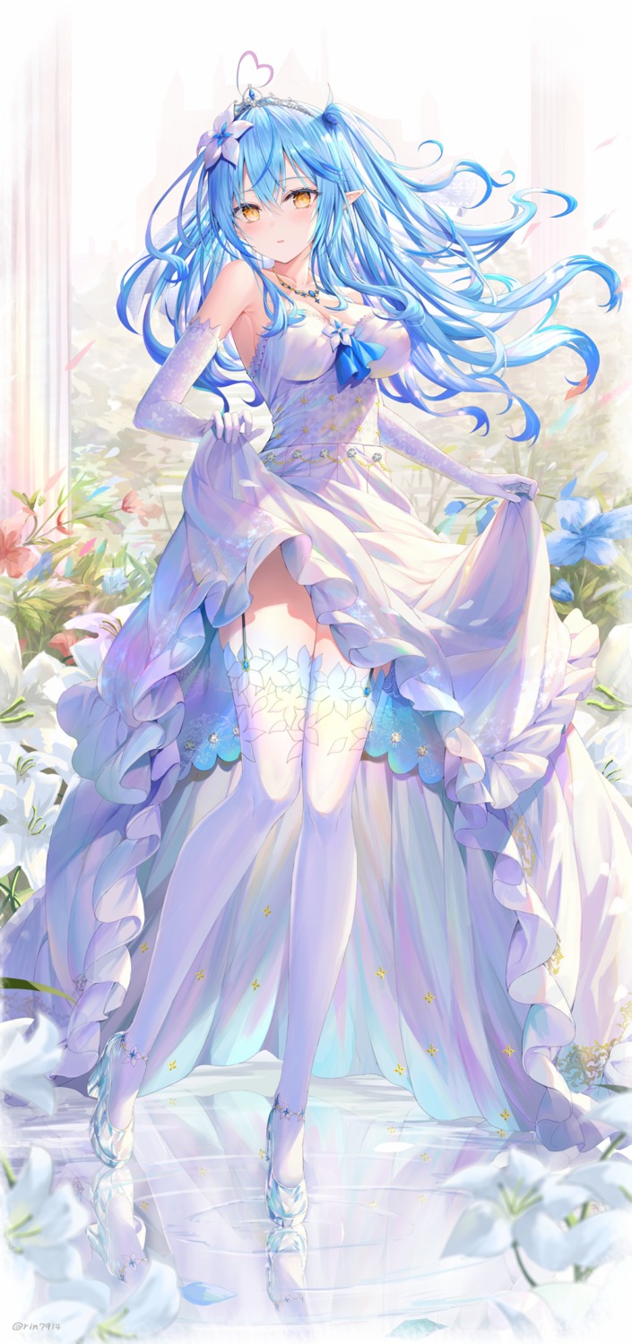 dress elf heels hololive pointy_ears rin_yuu skirt_lift stockings thighhighs wedding_dress yukihana_lamy