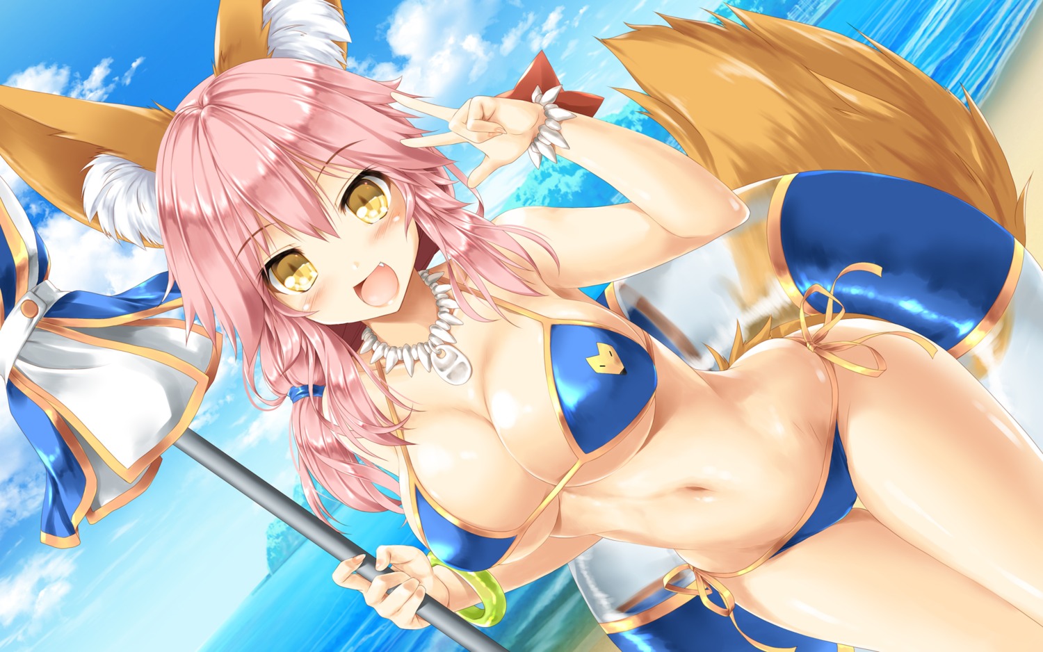 animal_ears bikini fate/grand_order kamiya_tomoe swimsuits tail tamamo_no_mae wallpaper