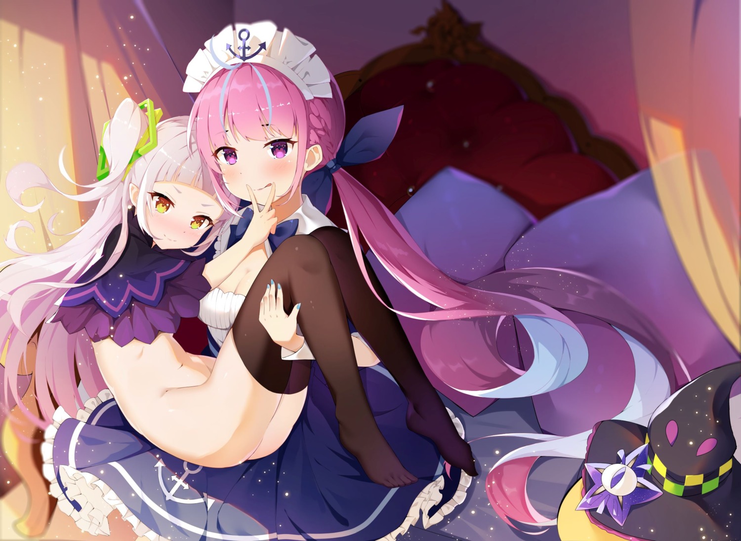 cleavage feet hololive loli maid minato_aqua murasaki_shion naked_cape skirt_lift thighhighs yesheeng_de_ling_che_zi yuri