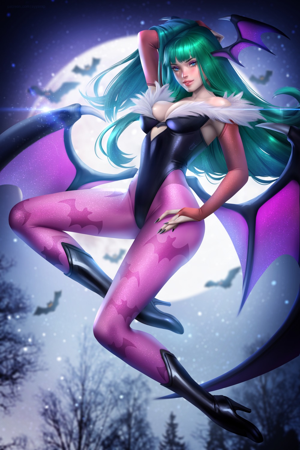 ayyasap dark_stalkers heels leotard morrigan_aensland no_bra pantyhose wings