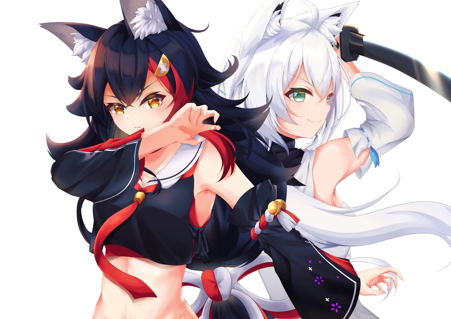 animal_ears hololive hololive_gamers kitsune ookami_mio seifuku shiinochi shirakami_fubuki sword