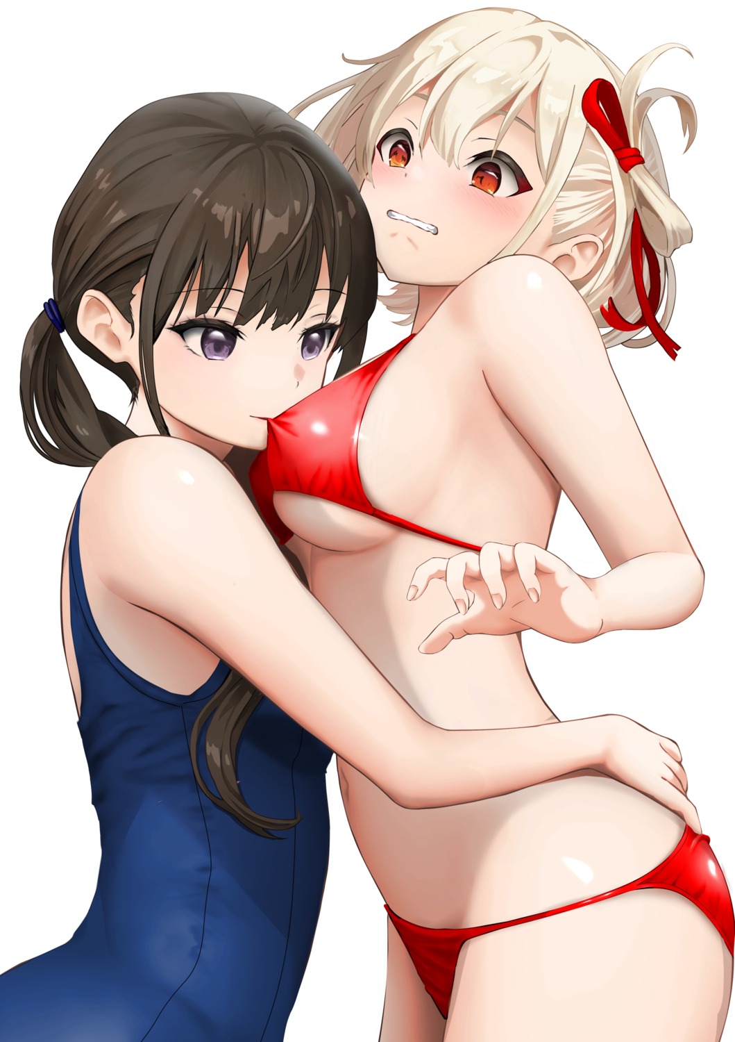 bikini gibun_(sozoshu) inoue_takina lycoris_recoil nishikigi_chisato school_swimsuit swimsuits yuri