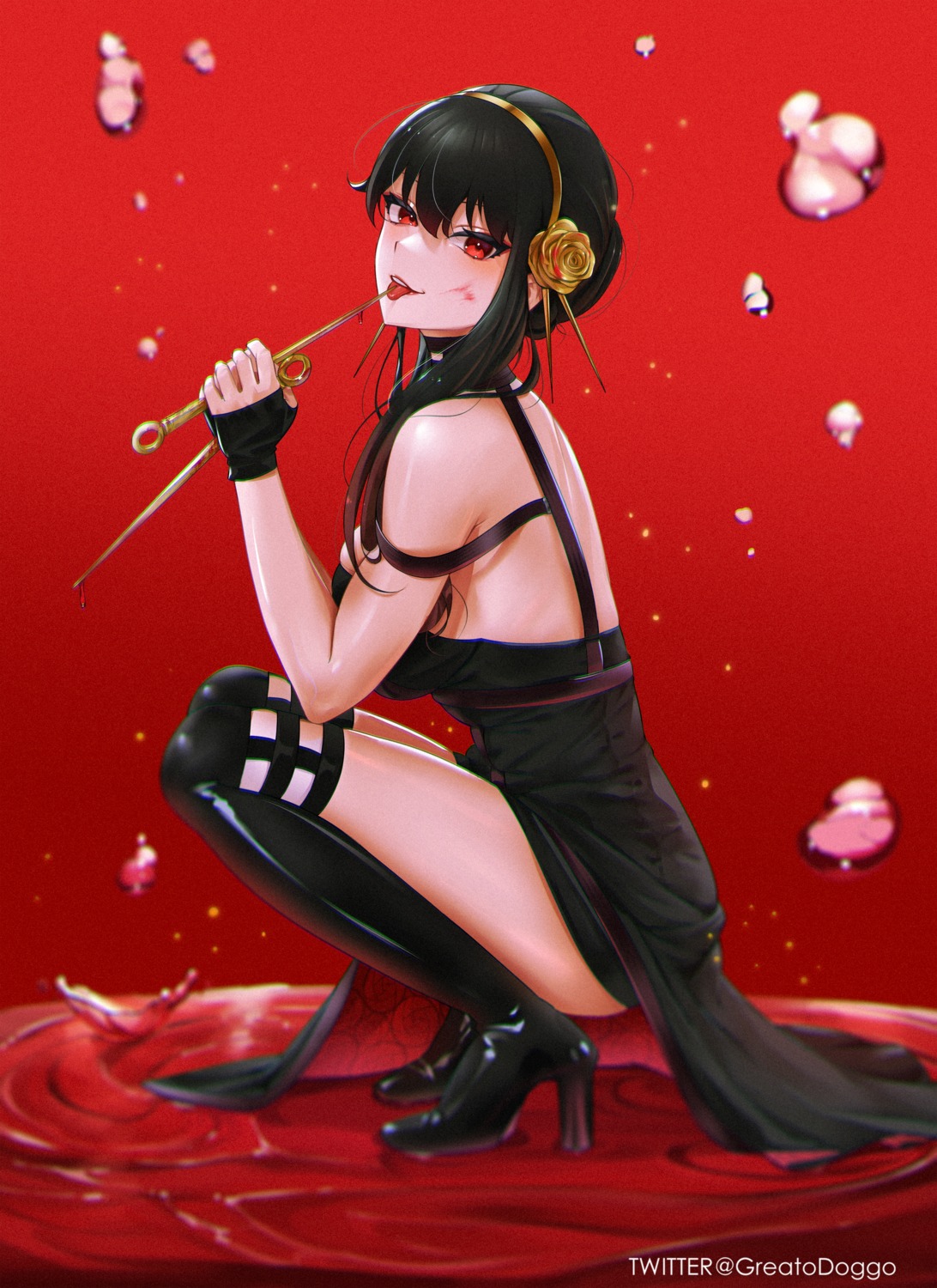 blood dress greatodoggo heels no_bra spy_x_family thighhighs weapon yor_briar