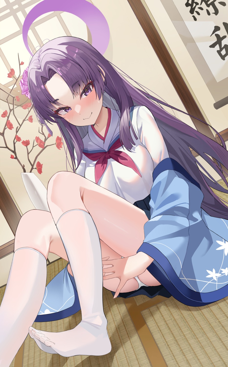 blue_archive feet halo japanese_clothes jbell kadenokouji_yukari pantsu seifuku skirt_lift thong