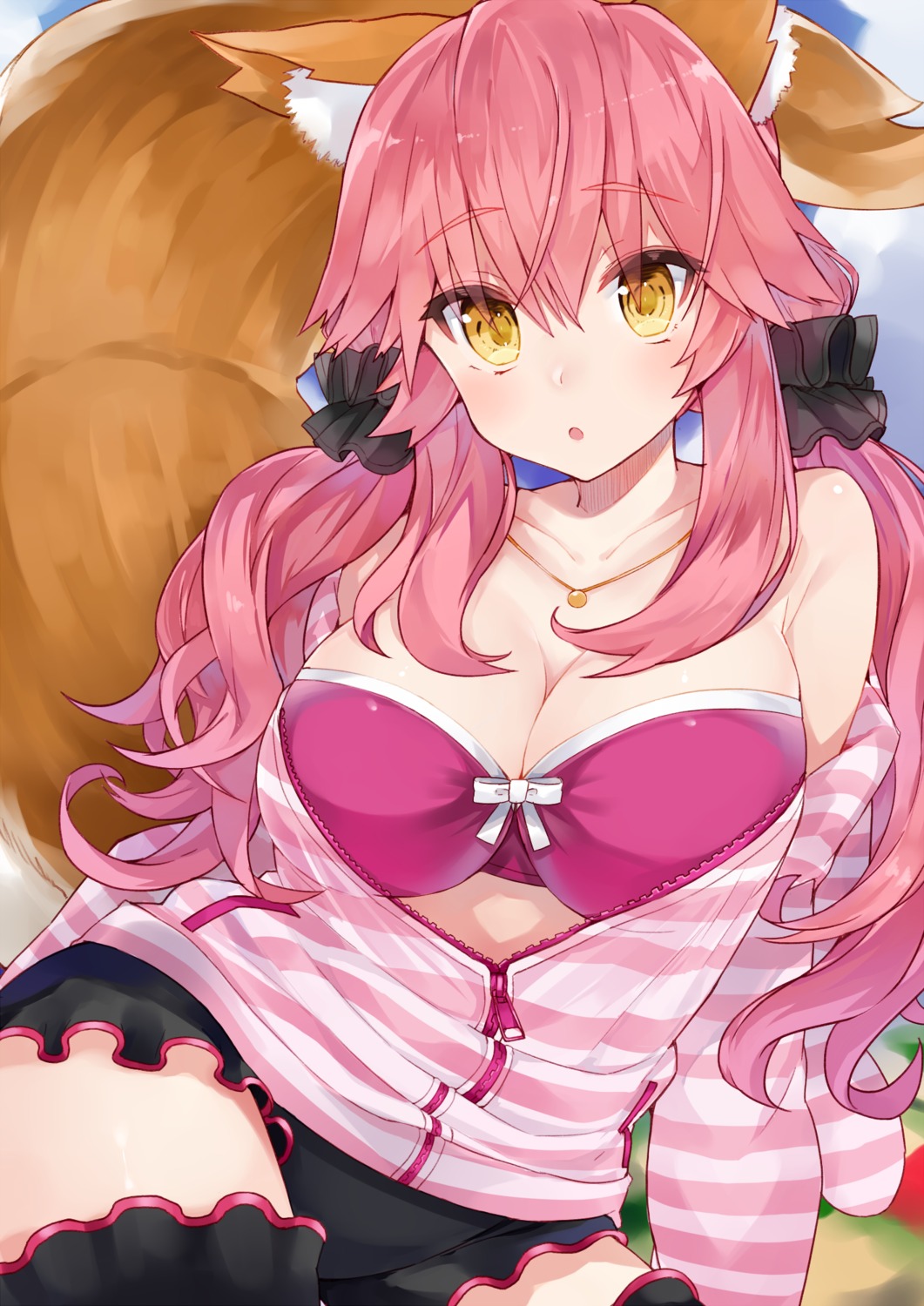 animal_ears bikini_top cleavage fate/extra fate/stay_night kou_mashiro open_shirt swimsuits tail tamamo_no_mae thighhighs