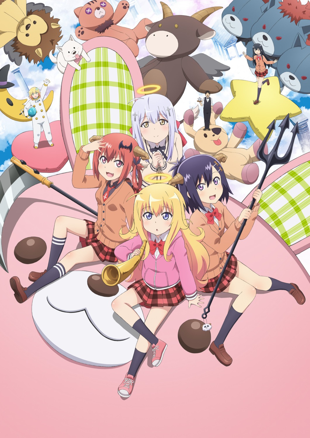 chisaki_tapris_sugarbell cleavage gabriel_dropout horns iinchou_(gabriel_dropout) kurumizawa_satanichia_mcdowell master_(gabriel_dropout) seifuku shiraha_raphiel_ainsworth sweater tenma_gabriel_white tsukinose_vignette_april weapon