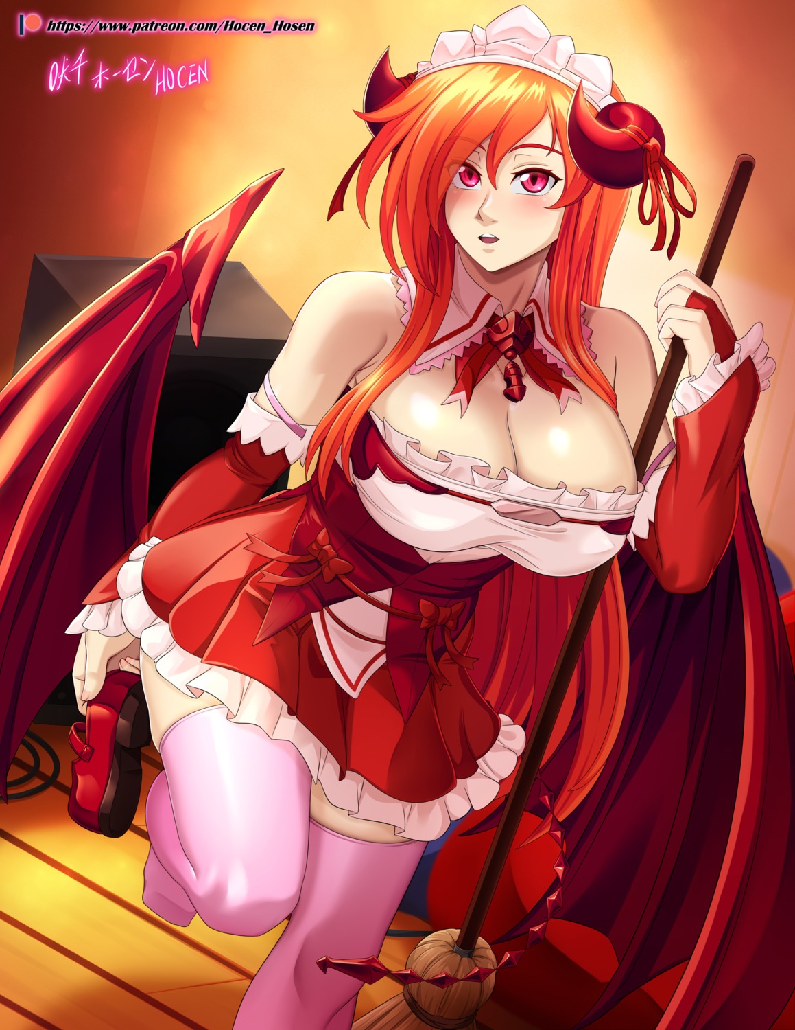 cleavage erect_nipples holcen_hosen horns karei_(holcen_hosen) maid no_bra tail thighhighs wings