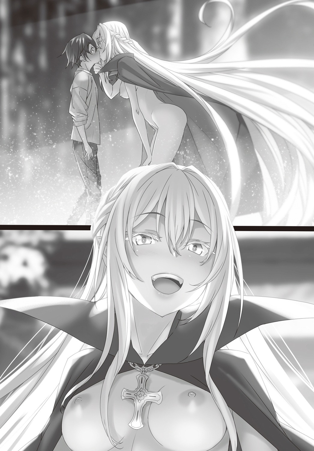 kannatsuki_noboru kyuuketsu_hime_astrid monochrome naked_cape nipples shota