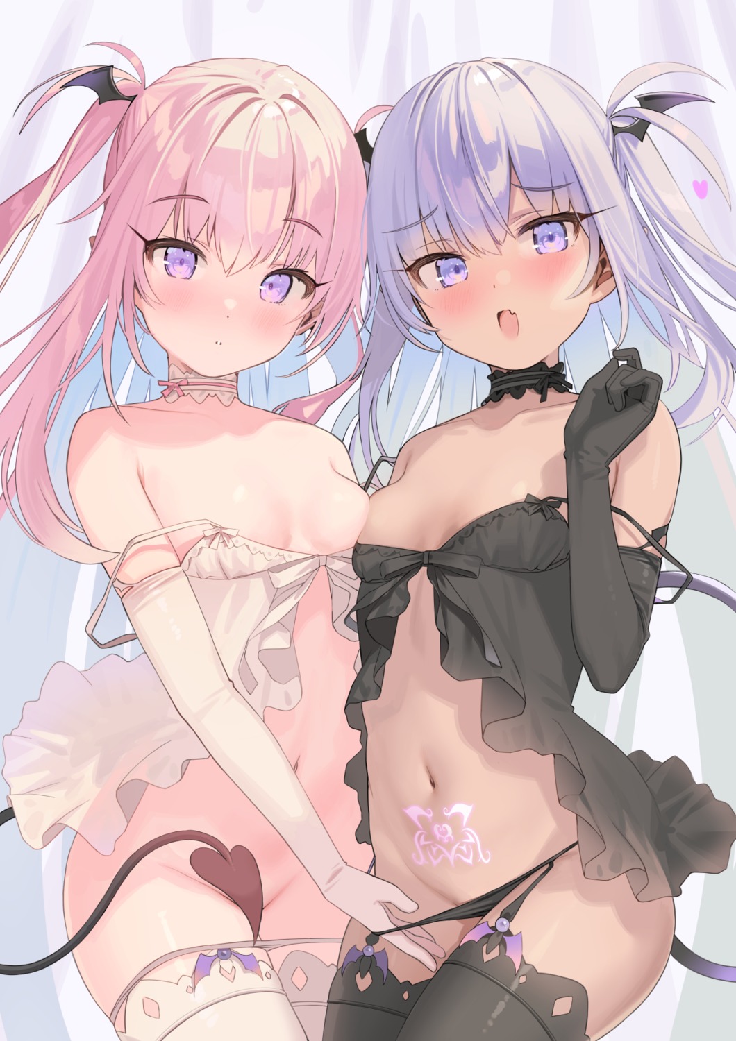 bottomless kanzarin lingerie loli no_bra panty_pull pointy_ears see_through skirt_lift tail tattoo thighhighs undressing yuri