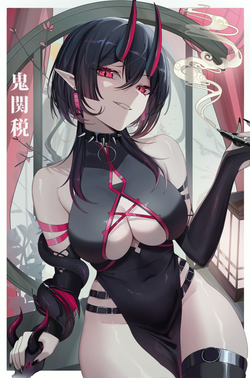 dress garter horns no_bra nopan oni_noodle pointy_ears smoking thighhighs