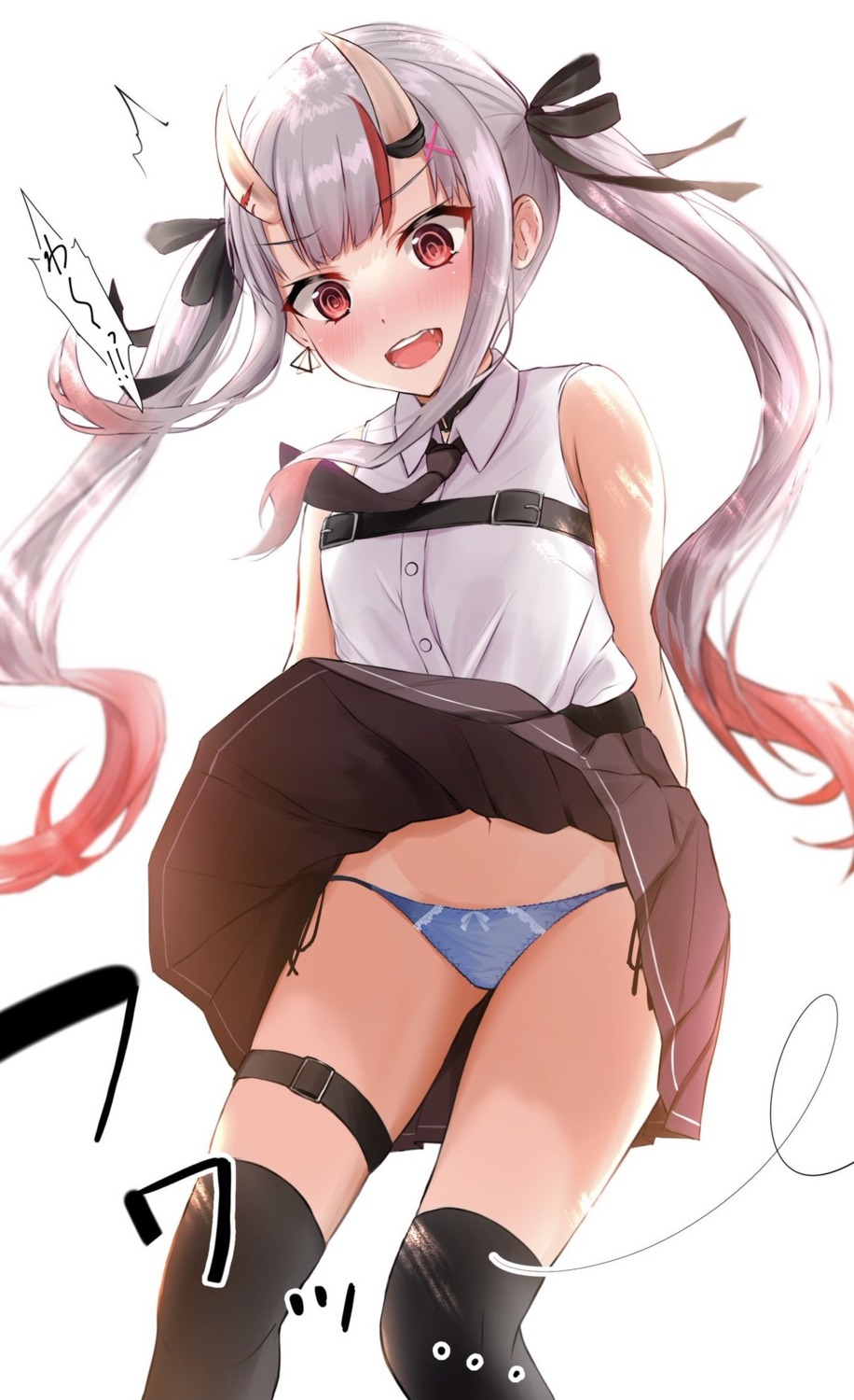 ex_idol garter hololive horns nakiri_ayame pantsu skirt_lift string_panties thighhighs wardrobe_malfunction