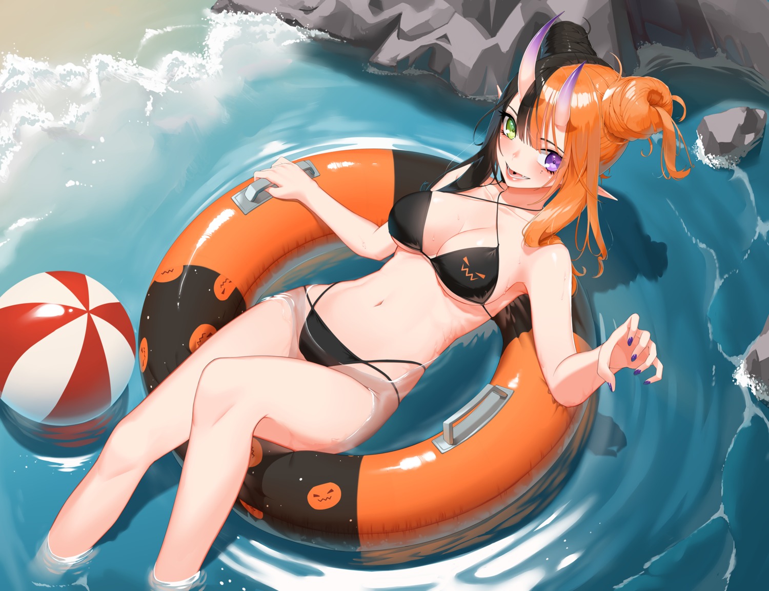 bikini heterochromia horns pointy_ears swimsuits vaughnilla wet