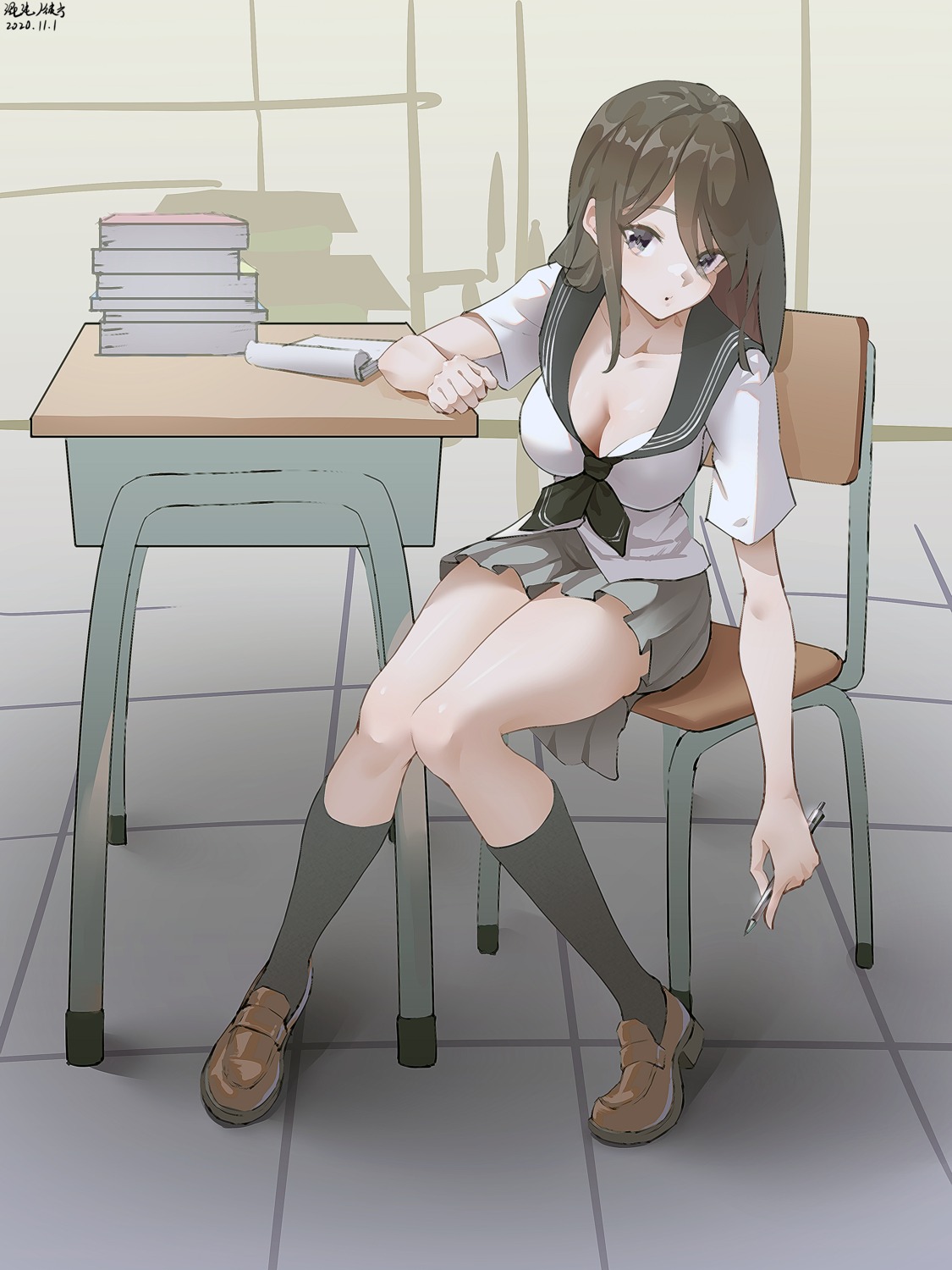 cleavage hundun_no_bifang open_shirt seifuku