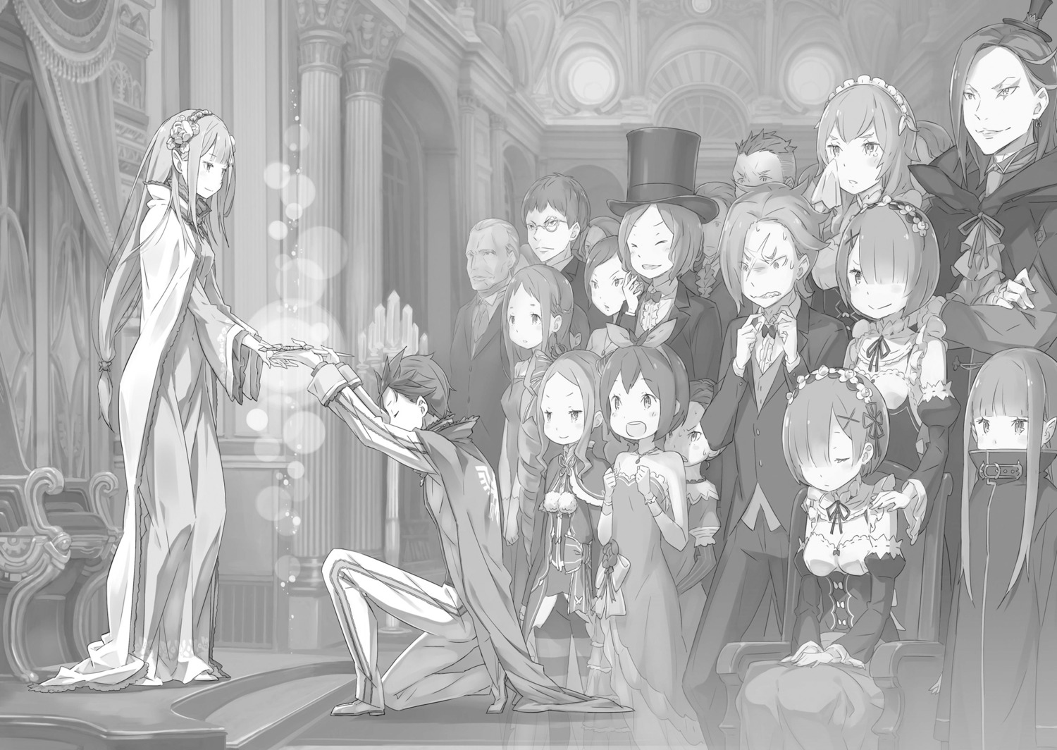 beatrice_(re_zero) dress elf emilia_(re_zero) frederica_baumann garfiel_tinsel maid megane monochrome natsuki_subaru no_bra ootsuka_shinichirou otto_suwen pantyhose petra_leyte pointy_ears ram_(re_zero) re_zero_kara_hajimeru_isekai_seikatsu rem_(re_zero) roswell_l._mathers ryuuzu_birma sword