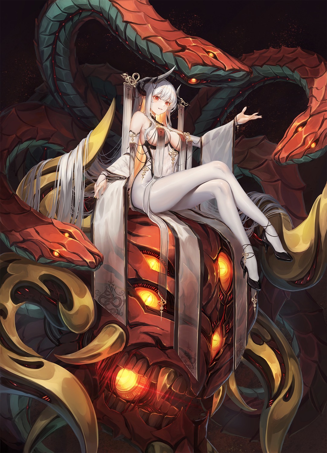 chinadress heels horns monster no_bra pantyhose pointy_ears ulquiorra0