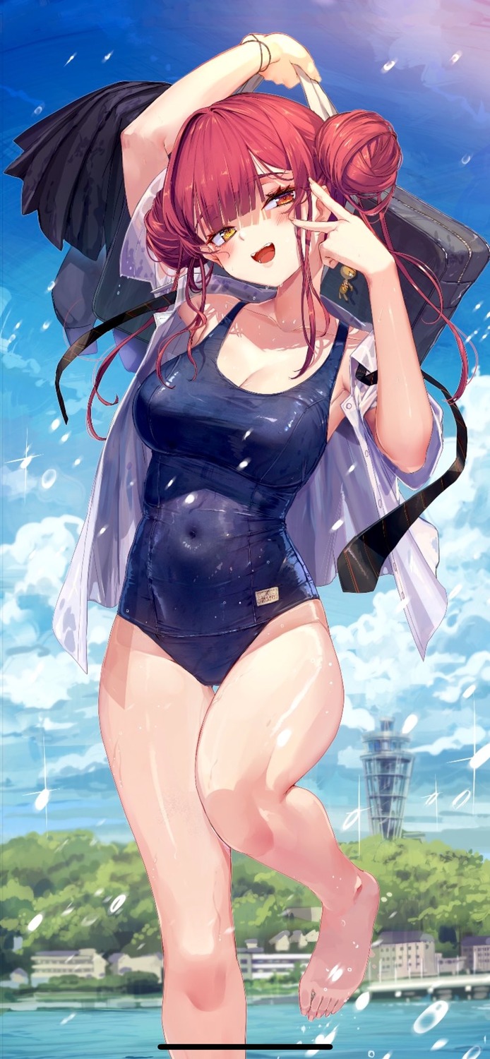 akasa_ai cleavage erect_nipples heterochromia hololive houshou_marine school_swimsuit see_through swimsuits wet wet_clothes