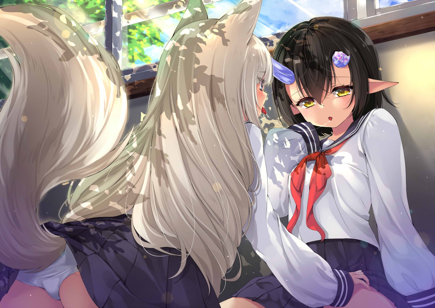 animal_ears chiyonekoko horns pantsu pointy_ears seifuku skirt_lift tail yuri