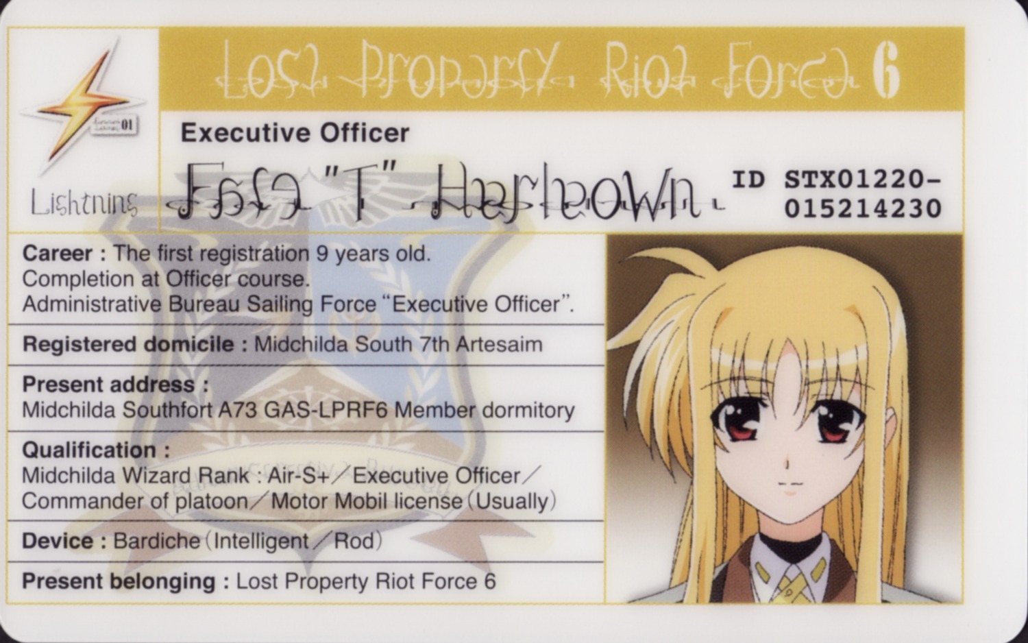 fate_testarossa id_card mahou_shoujo_lyrical_nanoha mahou_shoujo_lyrical_nanoha_strikers