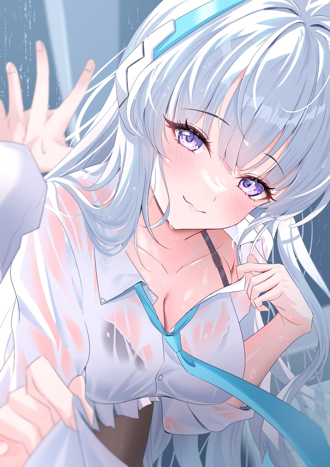 blue_archive bra nano_(blueoekaki) open_shirt pantyhose see_through seifuku undressing ushio_noa wet wet_clothes