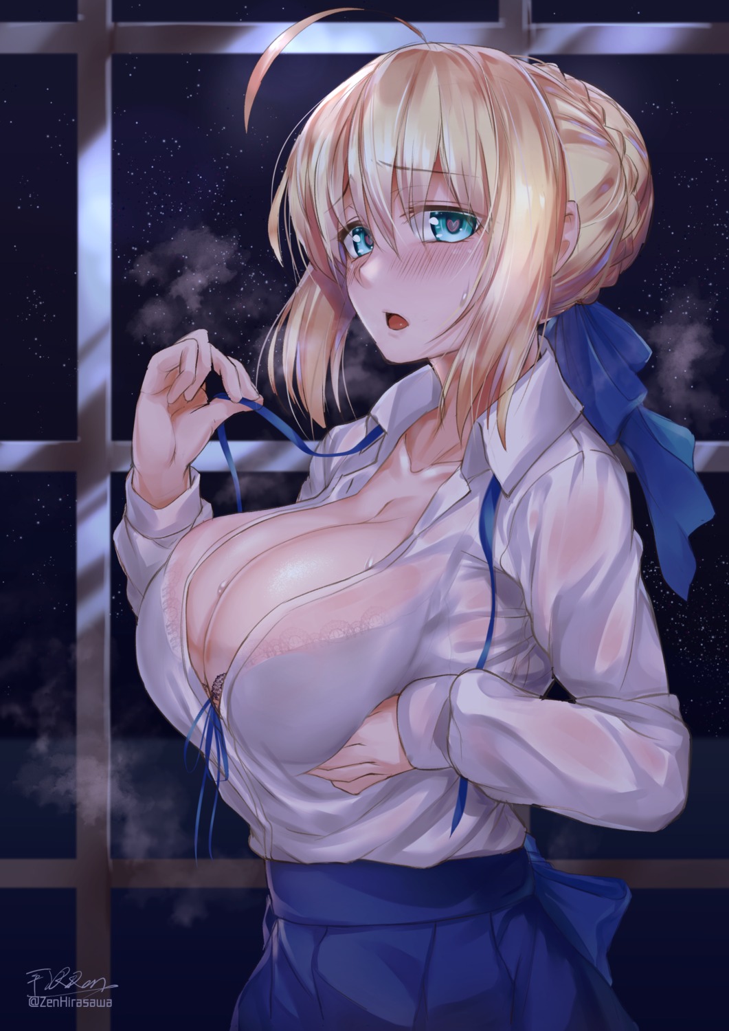 artoria_pendragon_(lancer) bra breast_hold cleavage fate/grand_order hirasawa_seiji open_shirt saber see_through