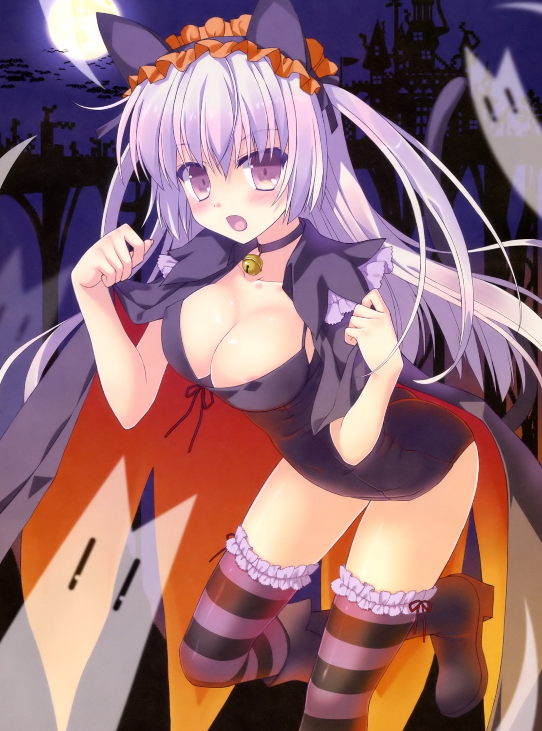 animal_ears areola cleavage erect_nipples garter halloween heels nanao_naru nekomimi no_bra thighhighs