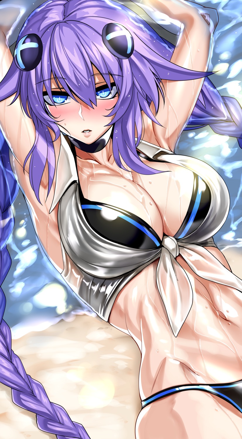 bikini choujigen_game_neptune cleavage nyamota_(noraneko_koubou) open_shirt purple_heart swimsuits wet