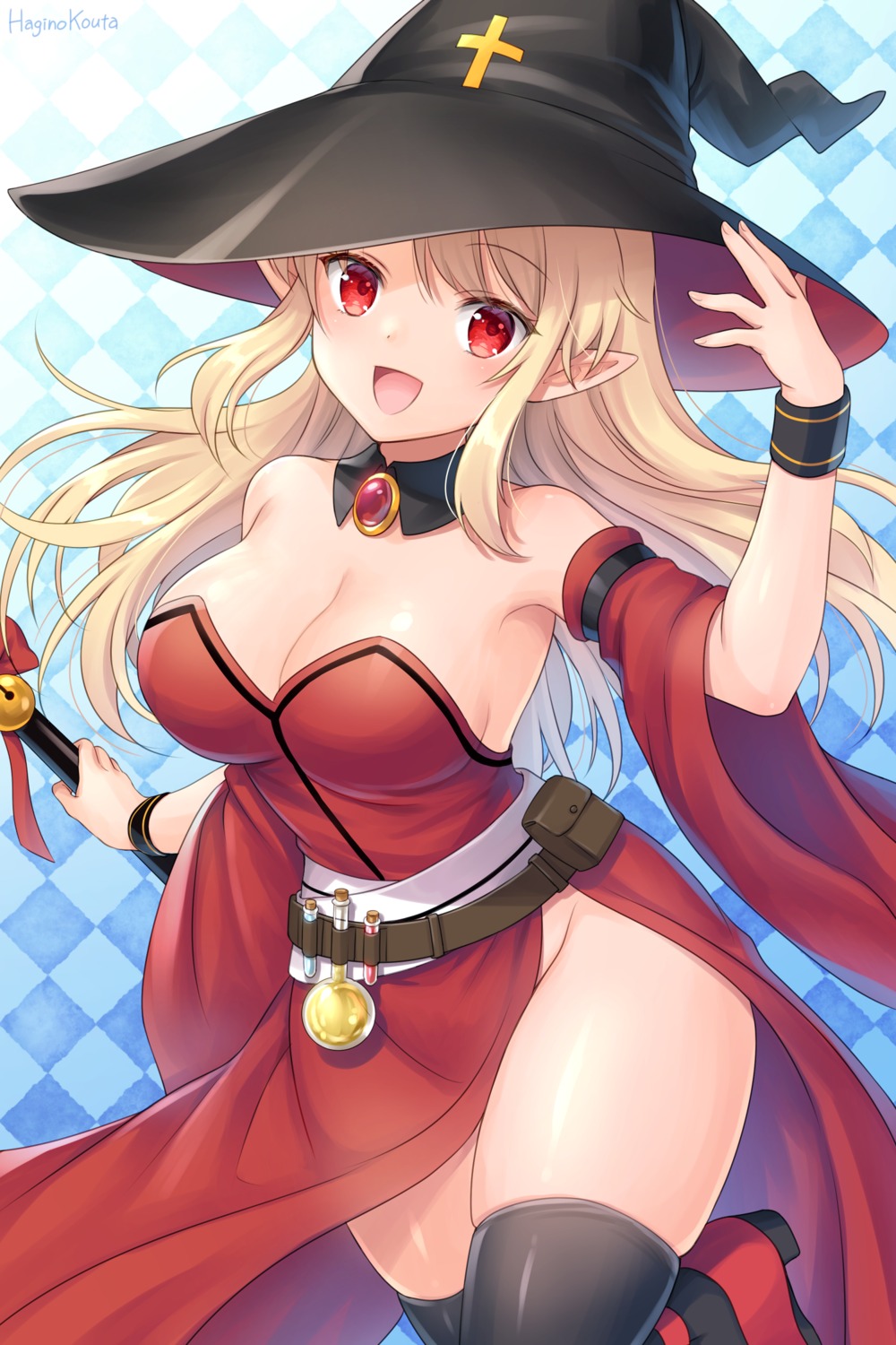 cleavage hagino_kouta no_bra nopan pointy_ears skirt_lift thighhighs witch