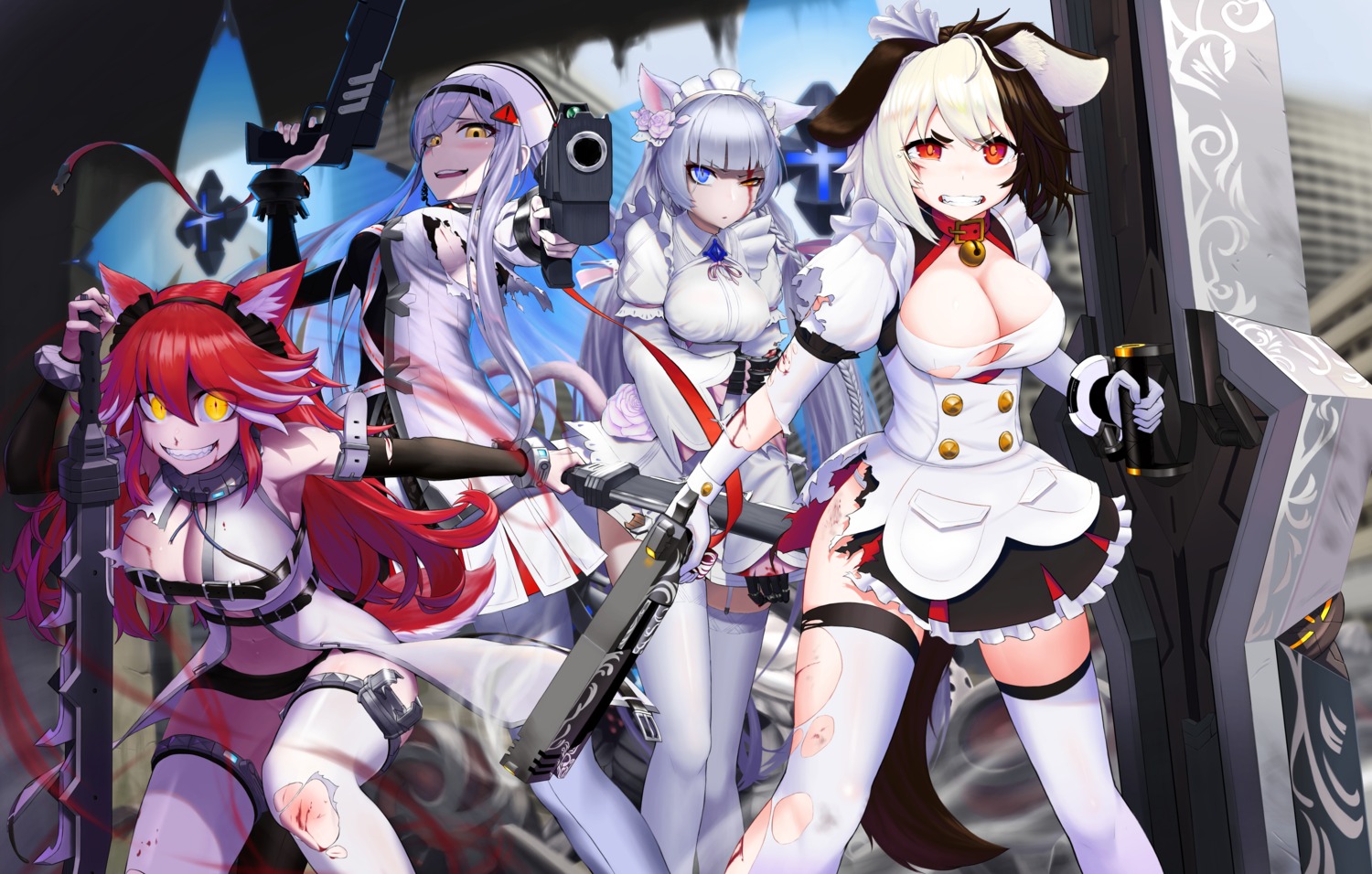 animal_ears blacklilith blood cs_perrault fennir_(last_origin) gun hachiko_(last_origin) heterochromia last_origin maid no_bra nopan pantyhose pump_(iklee321) stockings tail thighhighs torn_clothes