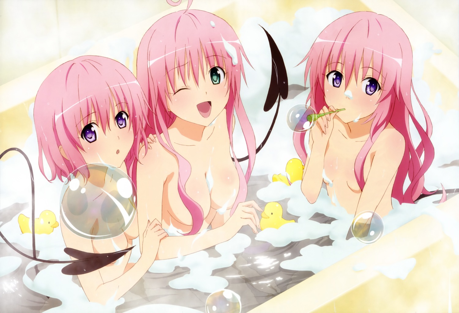 bathing cleavage kutsuzawa_youko lala_satalin_deviluke loli momo_velia_deviluke naked nana_asta_deviluke tail to_love_ru wet