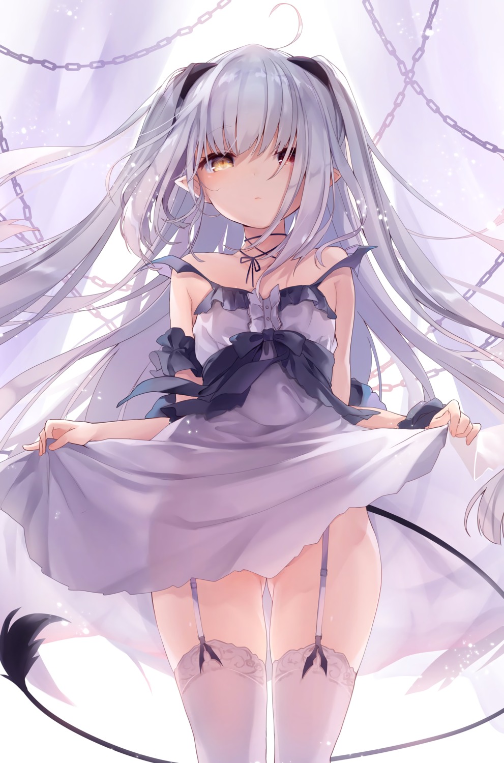 chloe_lilithtera dress heterochromia pointy_ears see_through skirt_lift stockings tail tamano_kedama thighhighs upscaled