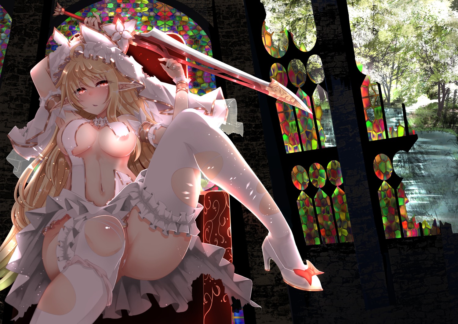 areola elf no_bra nopan pointy_ears suisui sword thighhighs torn_clothes