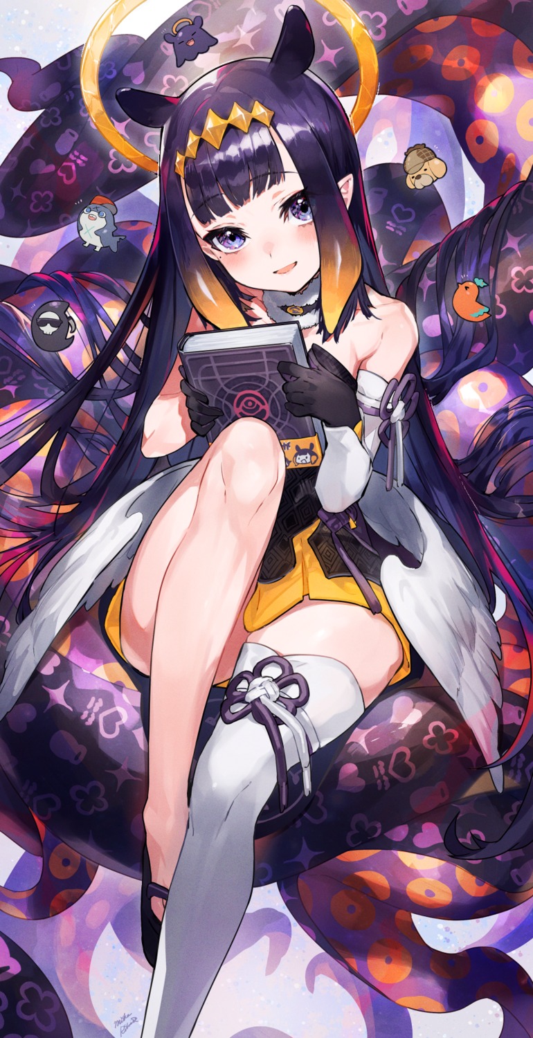 angel dress hololive hololive_english mika_pikazo ninomae_ina'nis no_bra pointy_ears skirt_lift tentacles thighhighs