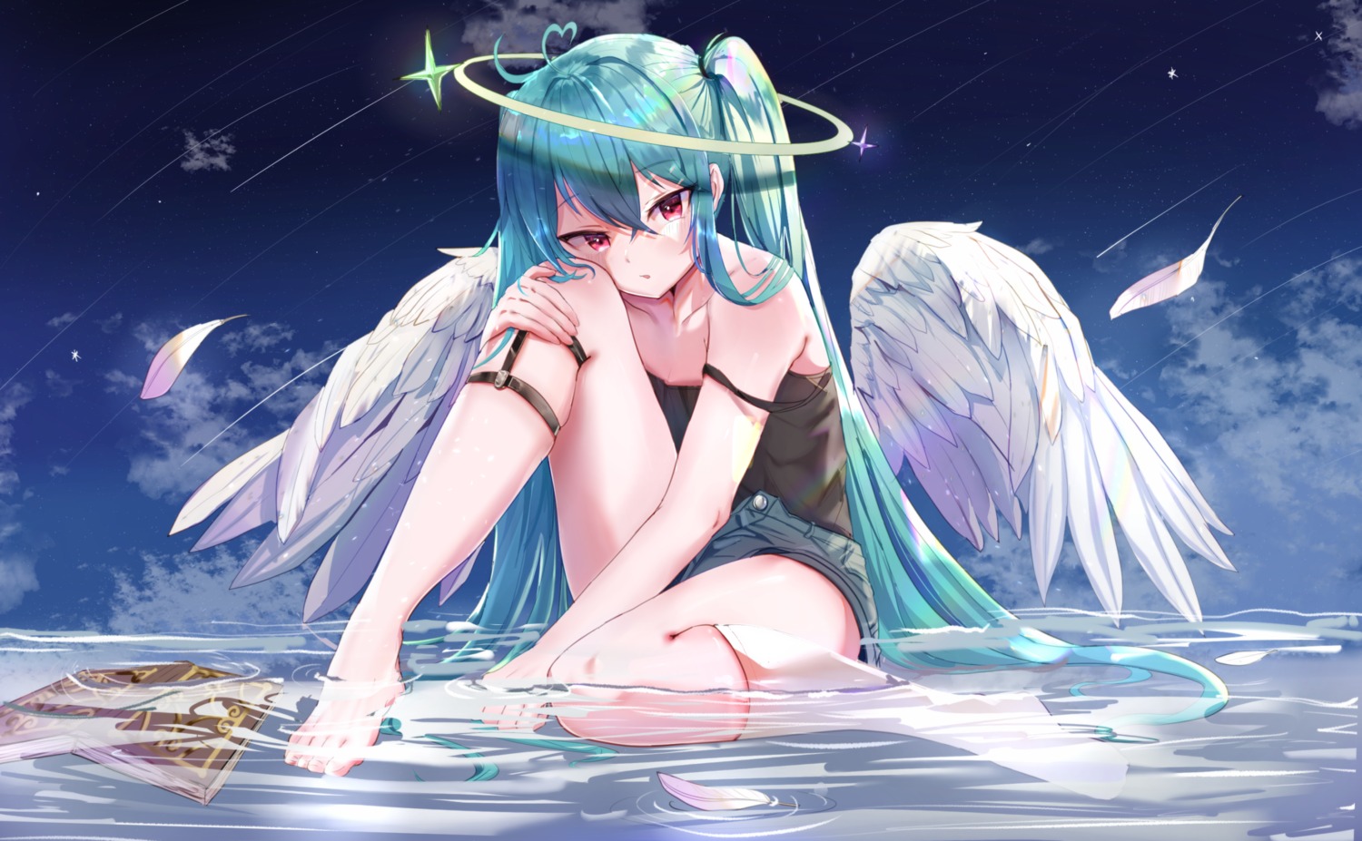 angel hatsune_miku merutoro10 no_bra vocaloid wet wings