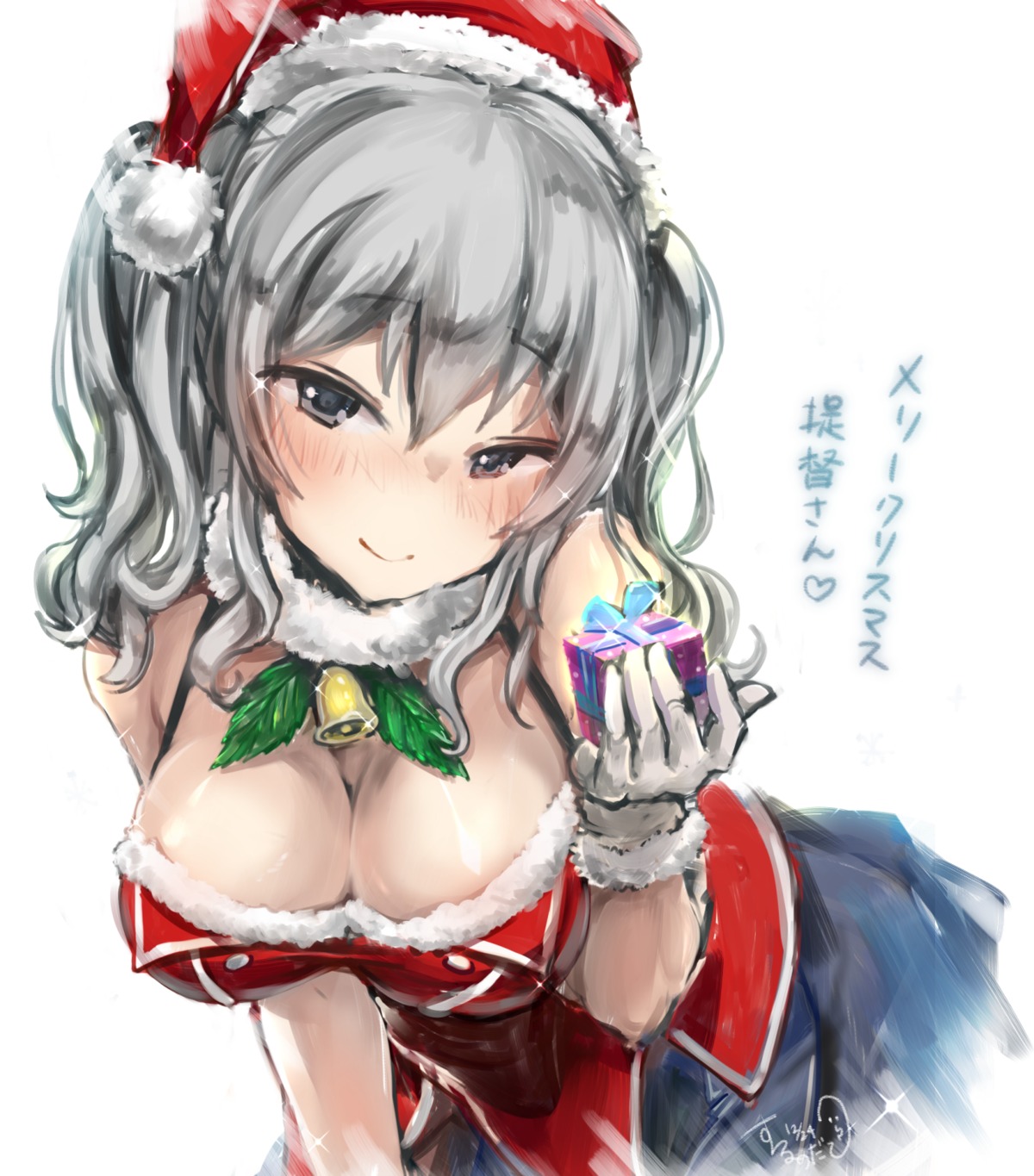 christmas cleavage kantai_collection kashima_(kancolle) mizugensui no_bra