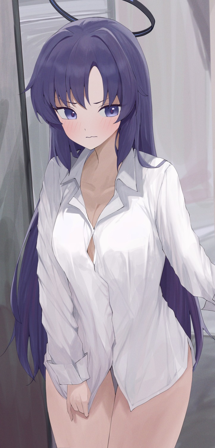 blue_archive cleavage dress_shirt halo hayase_yuuka open_shirt sei_(0724sei6)