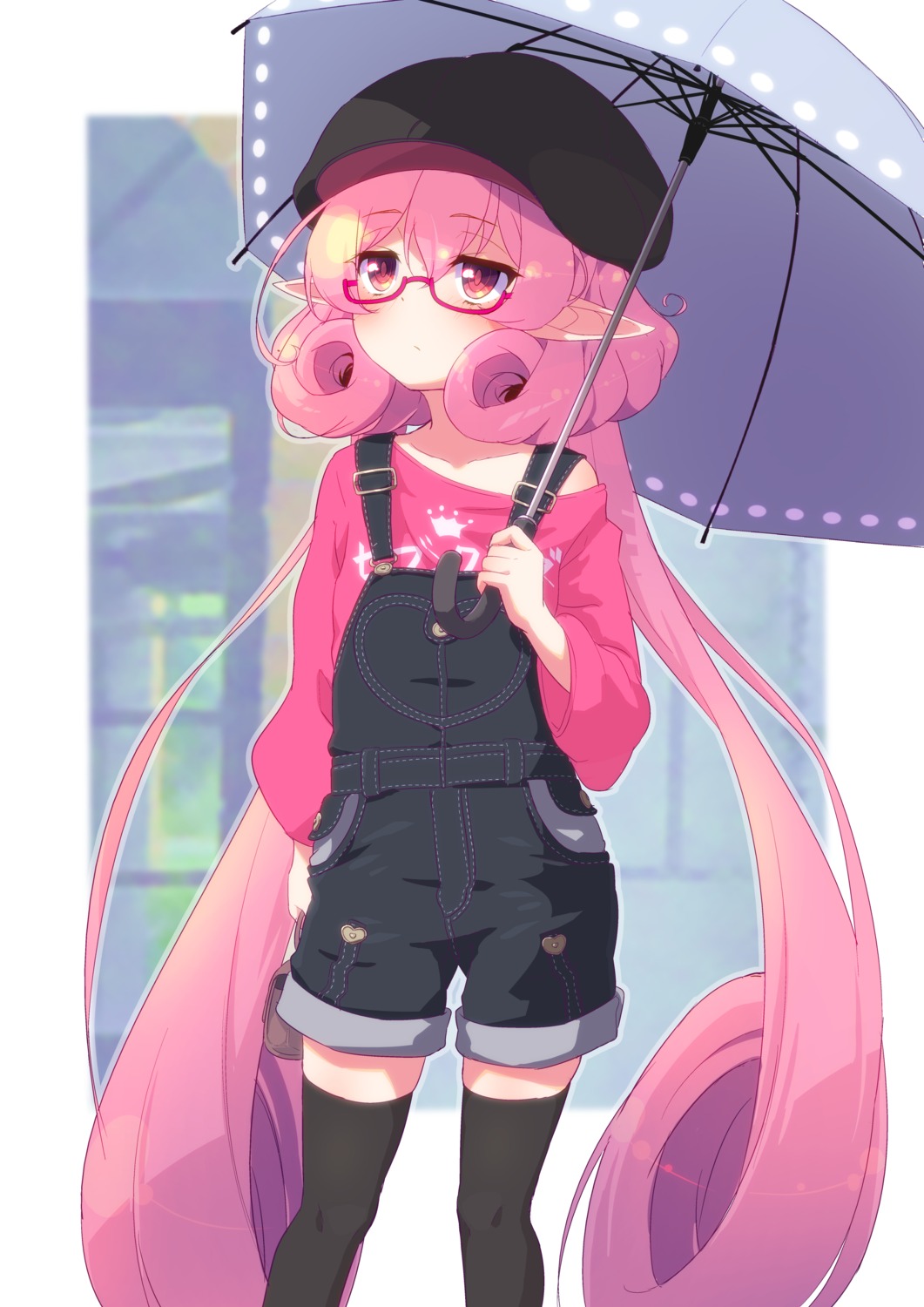 megane neneka_(princess_connect) overalls pointy_ears princess_connect princess_connect!_re:dive sw_(taco) thighhighs umbrella