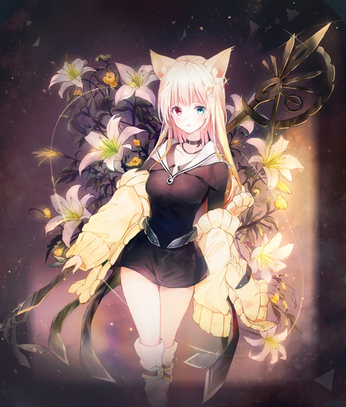 an_ animal_ears arknights dress heterochromia nightmare_(arknights) sweater thighhighs weapon