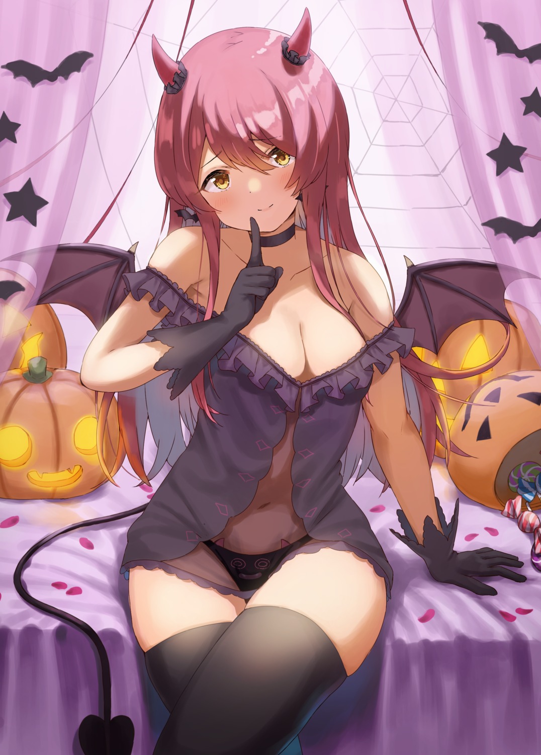 cleavage halloween horns lingerie no_bra oosaki_tenka open_shirt pantsu see_through tail the_idolm@ster the_idolm@ster_shiny_colors thighhighs wanimaru wings
