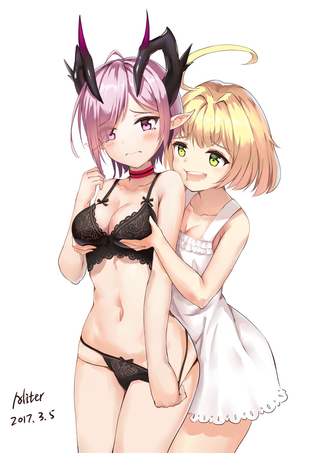 aliter bra breast_grab cleavage dress horns oskulolu pantsu panty_pull pointy_ears shironeko_project soara_(shironeko_project) summer_dress yuri