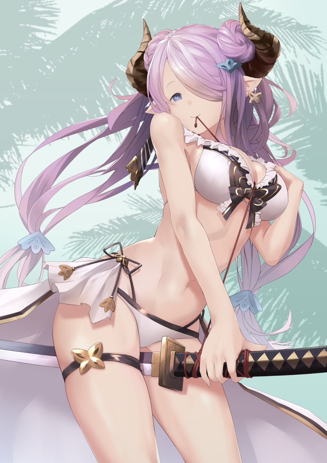 bikini cleavage garter granblue_fantasy horns miya-ki_(miya_key) narumeia_(granblue_fantasy) pointy_ears swimsuits sword