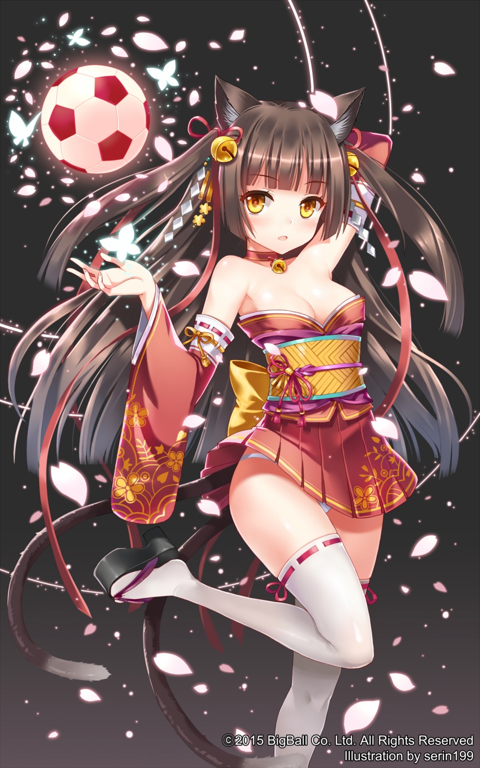 animal_ears cleavage japanese_clothes nekomimi no_bra pantsu serin199 soccer soccer_spirits tail thighhighs