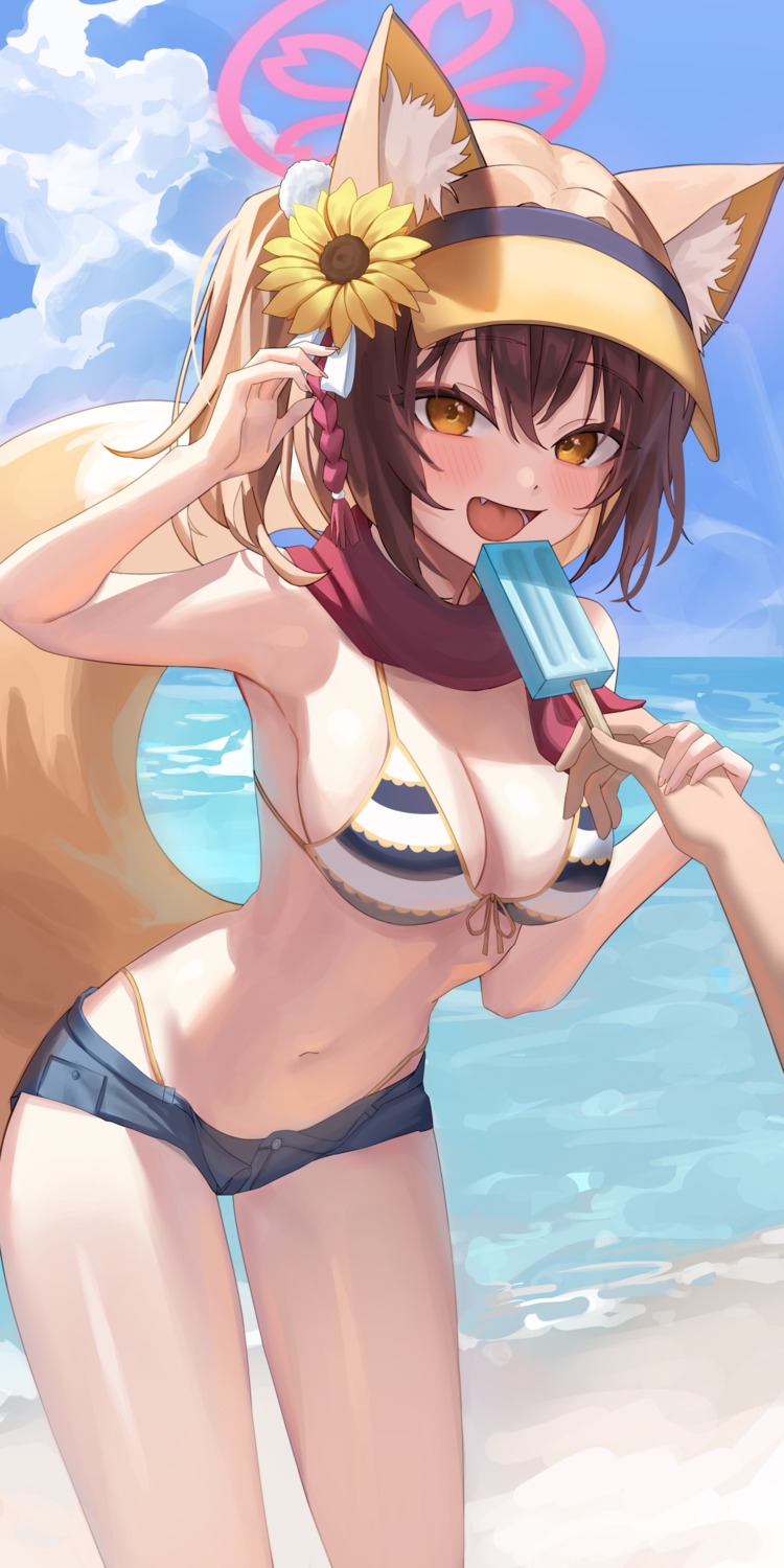 animal_ears bikini blue_archive halo kitsune kuda_izuna pucohiiiii swimsuits tail