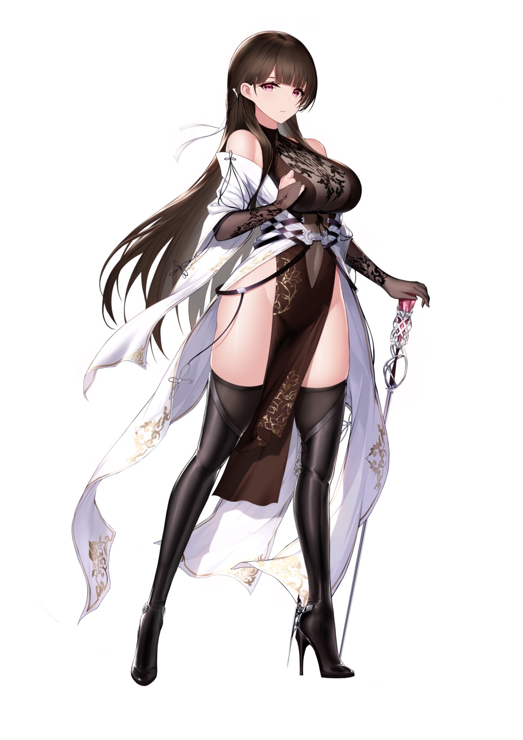 an_yasuri artist_revision chinadress cleavage heels moyan no_bra nopan see_through stockings thighhighs weapon