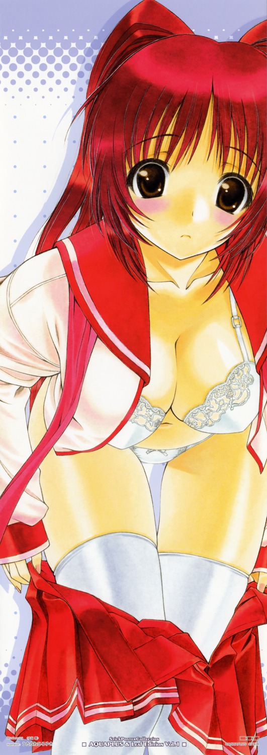 bra cleavage kousaka_tamaki open_shirt pantsu seifuku stick_poster thighhighs to_heart_(series) to_heart_2 undressing utatane_hiroyuki