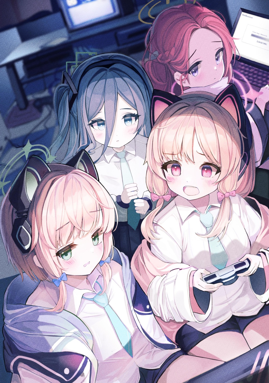 ahr_tato animal_ears blue_archive halo hanaoka_yuzu headphones nekomimi saiba_midori saiba_momoi seifuku tendou_arisu