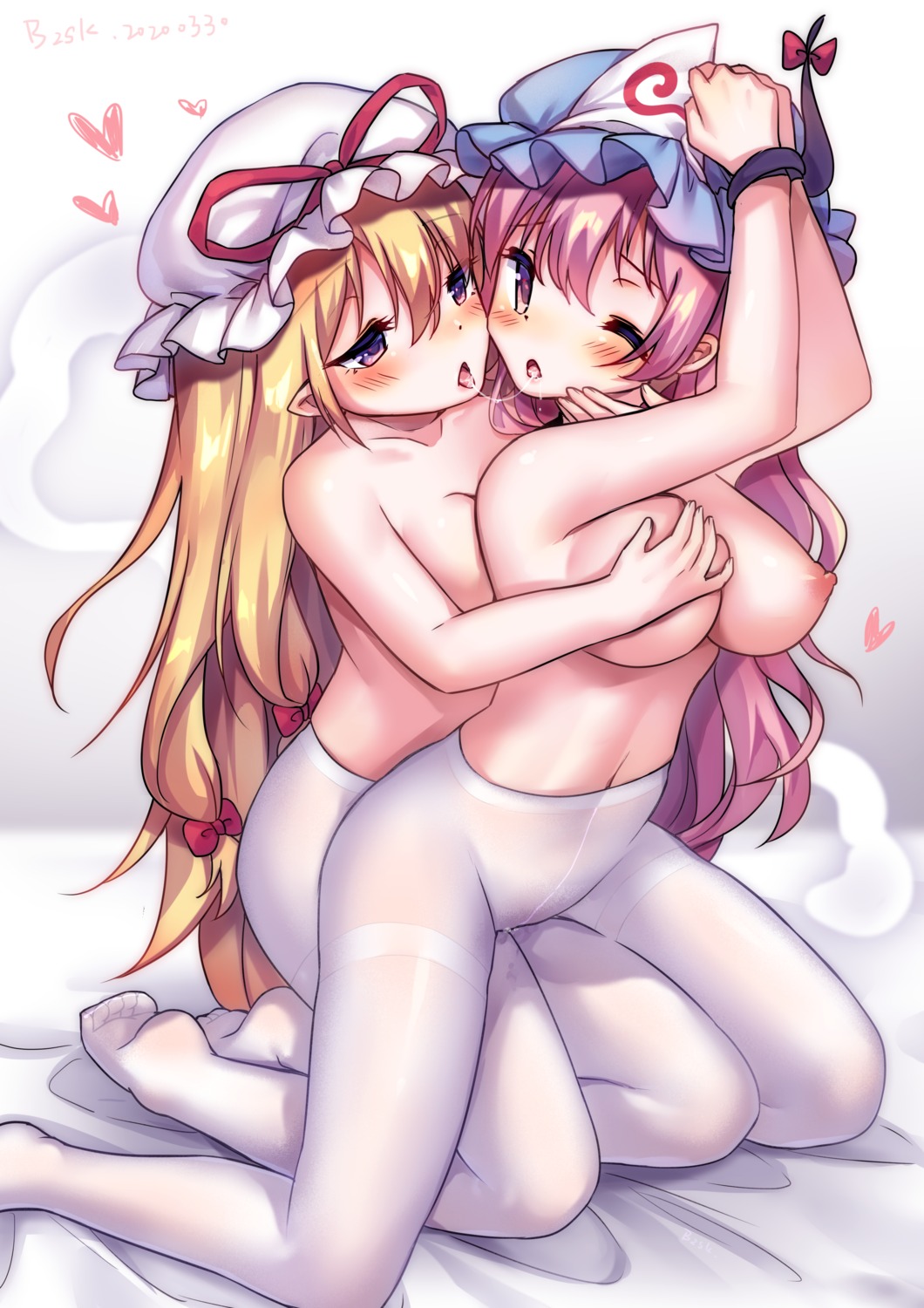 bondage breast_grab bzsk. nipples nopan pantyhose pointy_ears pussy_juice saigyouji_yuyuko topless touhou yakumo_yukari yuri