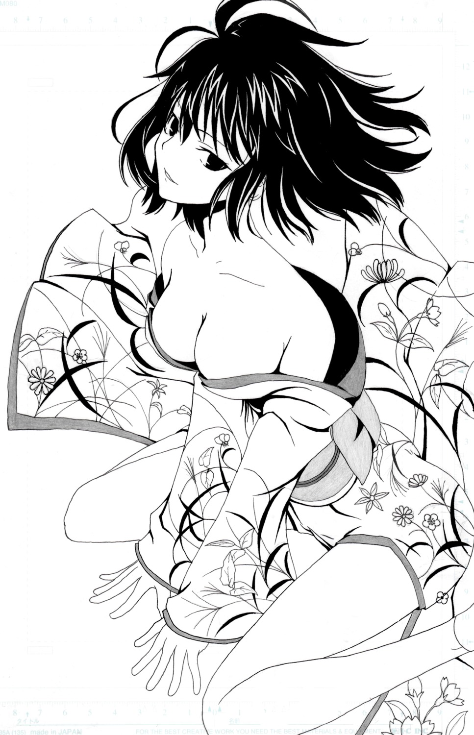 cleavage kara_no_kyoukai kimono monochrome no_bra open_shirt ryougi_shiki takeuchi_takashi type-moon