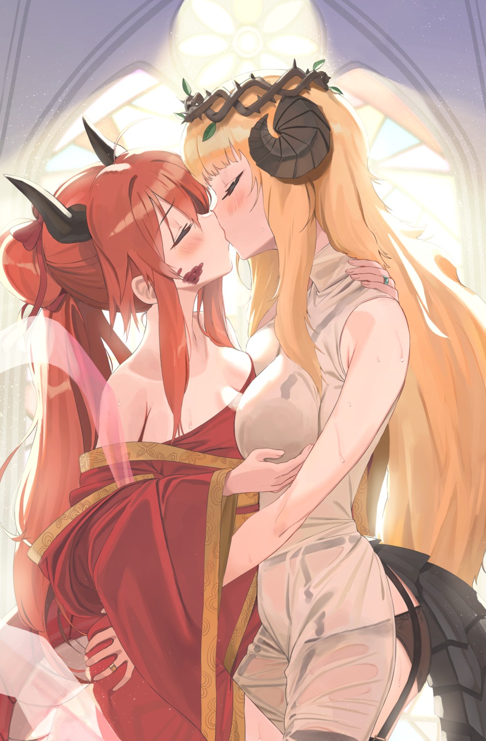 ass_grab bra breast_hold electriccross garter_belt horns no_bra open_shirt pantsu see_through stockings symmetrical_docking tail thighhighs wet yuri