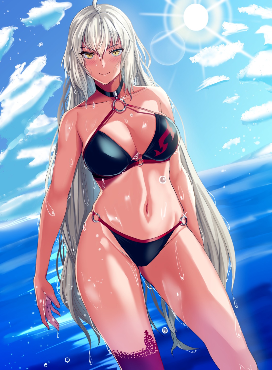 bikini cleavage fate/grand_order jeanne_d'arc jeanne_d'arc_(alter)_(fate) swimsuits thighhighs wet yuhica